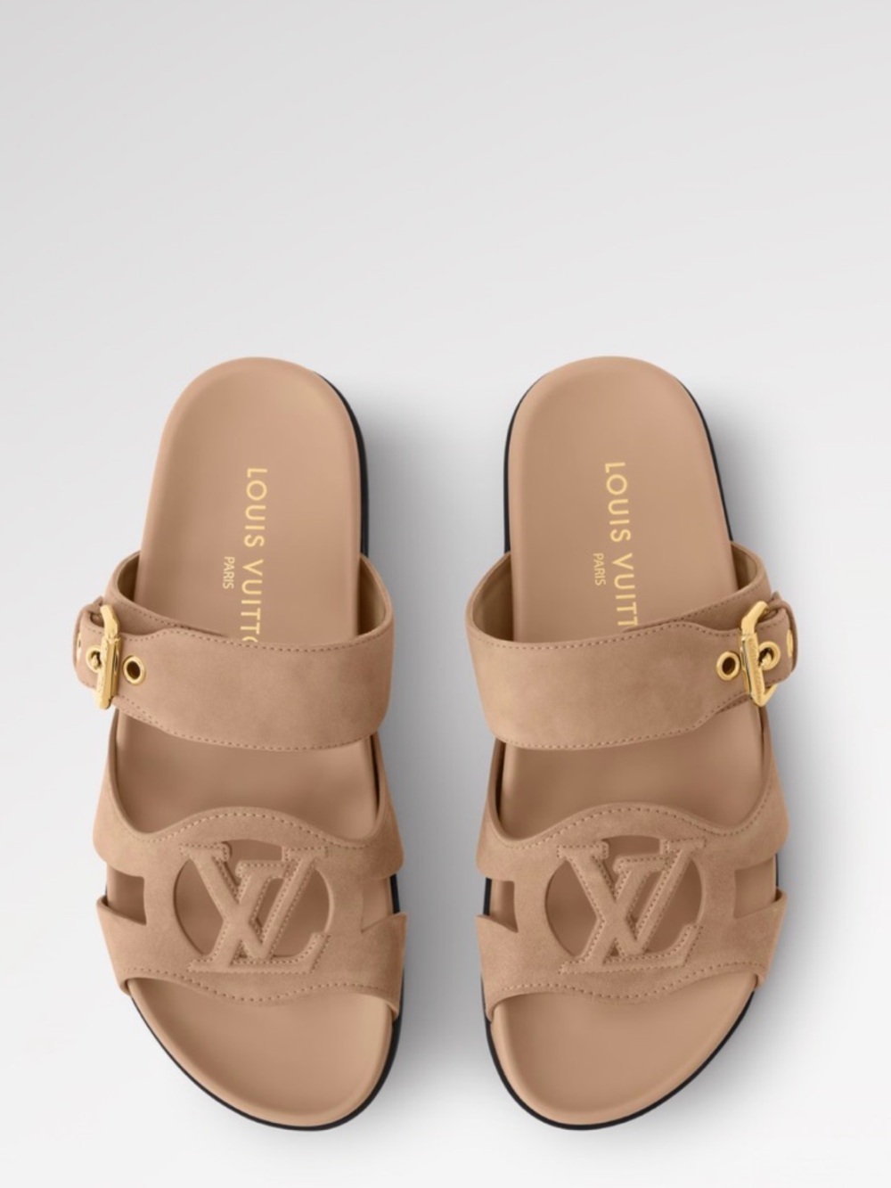Size 9 LV Tan Suede Buckle Slide Sandals w box